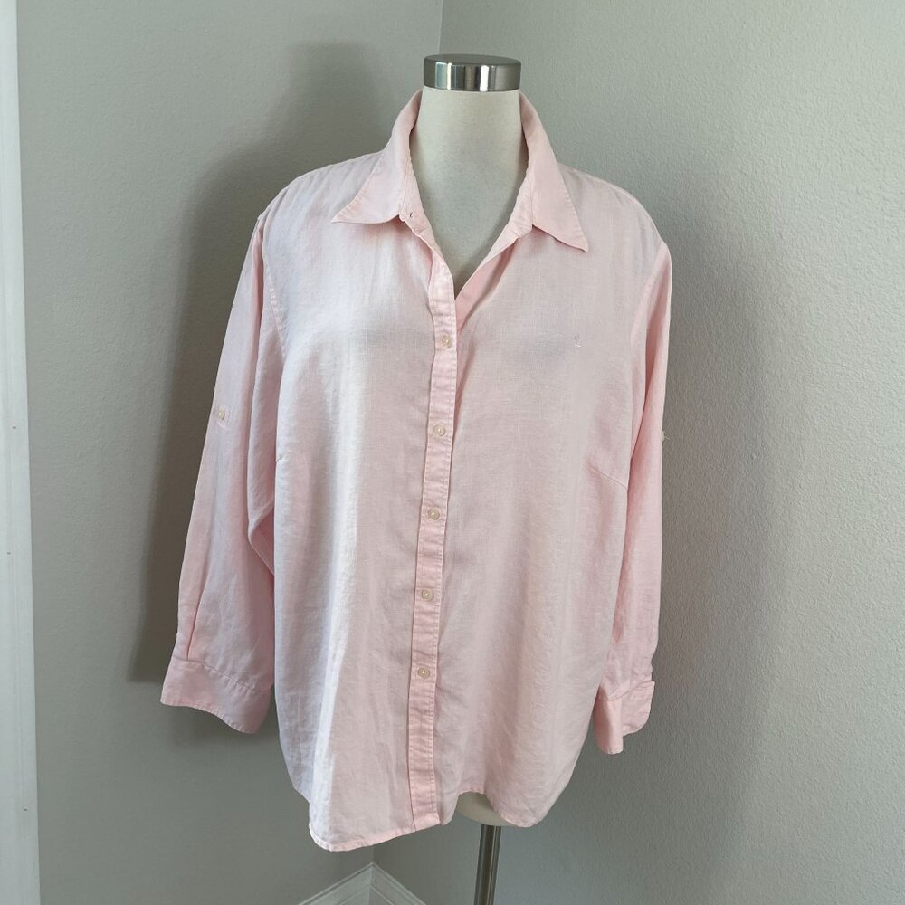 Lauren Ralph Lauren Womens Plus 3X Pink 100% Linen Button Up Shirt Long Sleeve